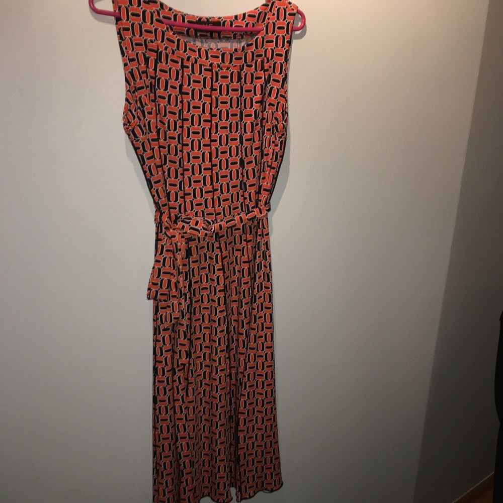 Orange & black trellis tie waste fit & flare dress
